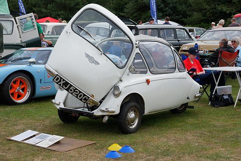White bubble car with its front door raised on grass, other cars and spectators behind. Opens a larger view