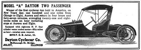 A printed advertisement: a low two-seat cyclecar with a canopy top and wire wheels beside blocks of type. Opens a larger view