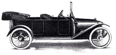 Line drawing of a long, low open four-seat tourer with its top folded, seen from the side.