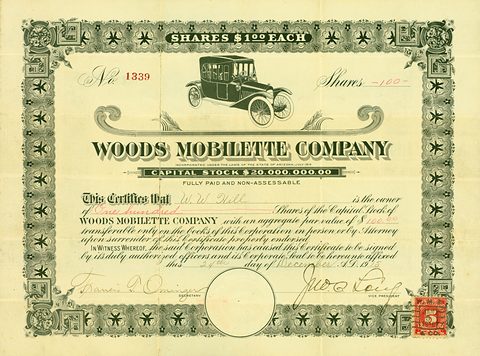 A green-bordered share certificate with an engraved closed car at the top, ornate lettering and a red revenue stamp. Opens a larger view