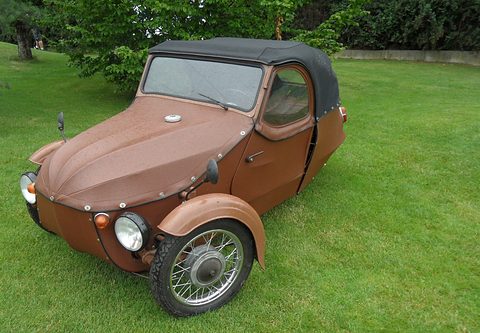 Brown leatherette three-wheeler with black hood up and metal front wings, parked on wet grass beside trees.