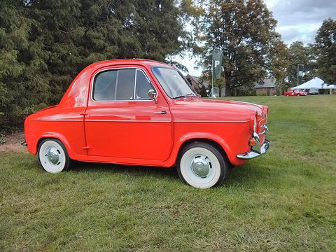 Red small two-door car side-on on a lawn, with white-wall tyres and evergreen trees behind.