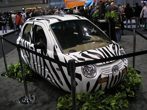 White microcar with black zebra stripes on a roped stand with green plants, a crowd behind. Opens a larger view